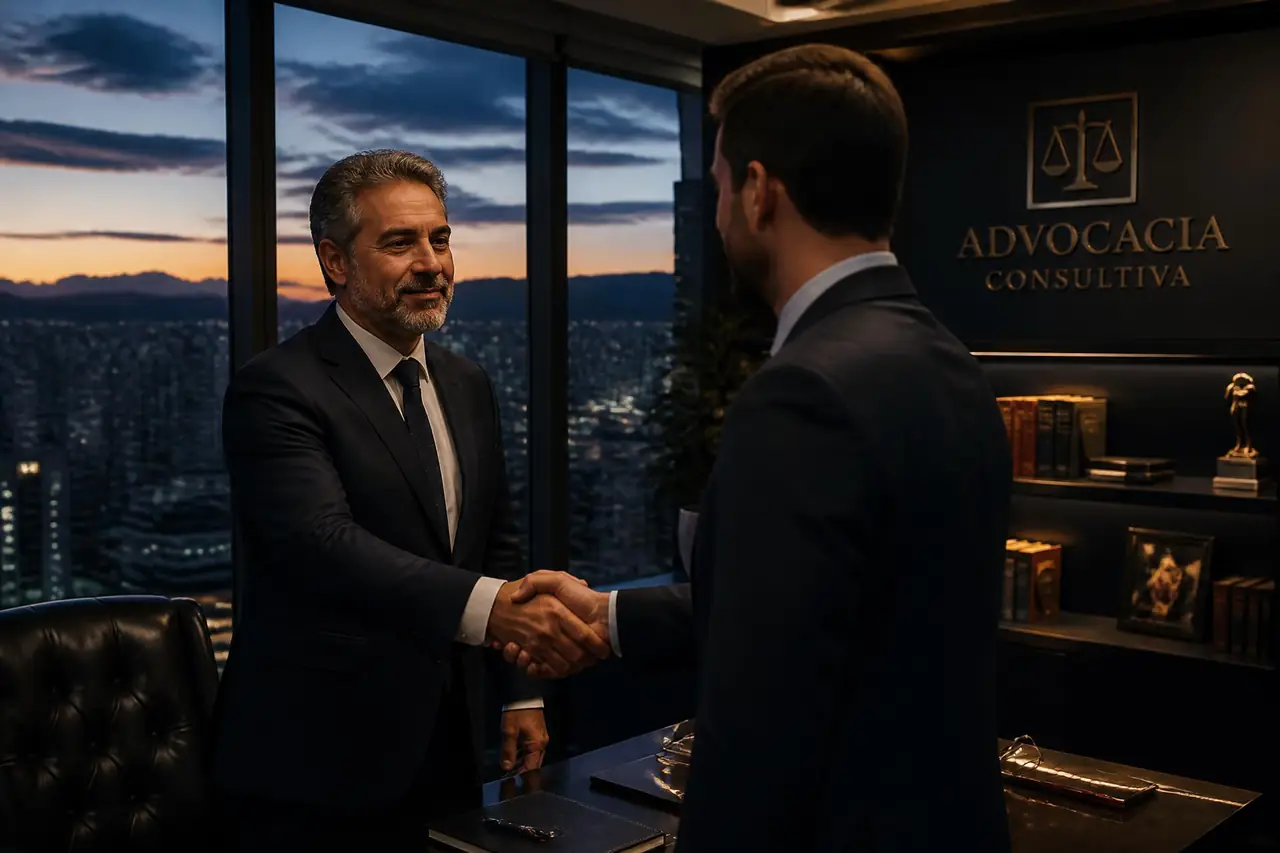 Advogado empresarial cumprimentando empresário em escritório em Belo Horizonte